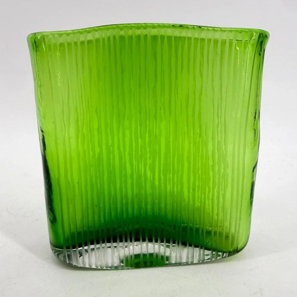 Art Glass Vase Decorative Vase Green Ribbed Hand Blown Slim Rectangular Fluted